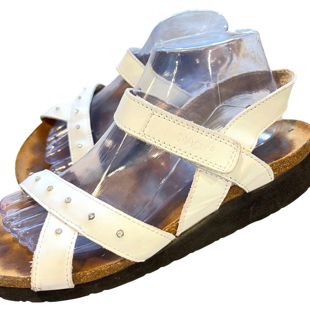 Naot Sandals Womens 41 White Boho Rhinestone Strappy Cork Wedge Comfort Shoes